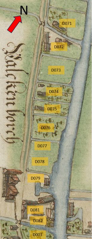 D075 - Vijf woonhuizen en een stuk warmoesland, vanaf ca. 1638 met pannen- en estrickbakkerij, na 1646 gecombineerd met D076 ten zuiden