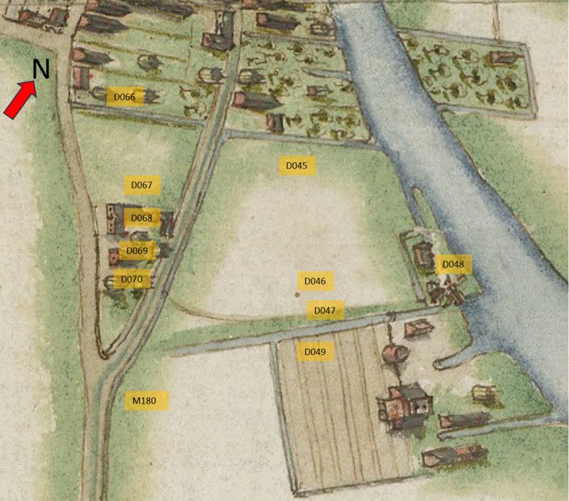 D046 - 1 hont 35 roeden O: de Rijn en de korenwindmolen, Z: pad van 6 roeden voeten. Dit is waarschijnlijk M185 = 141 roeden - uiterdijk