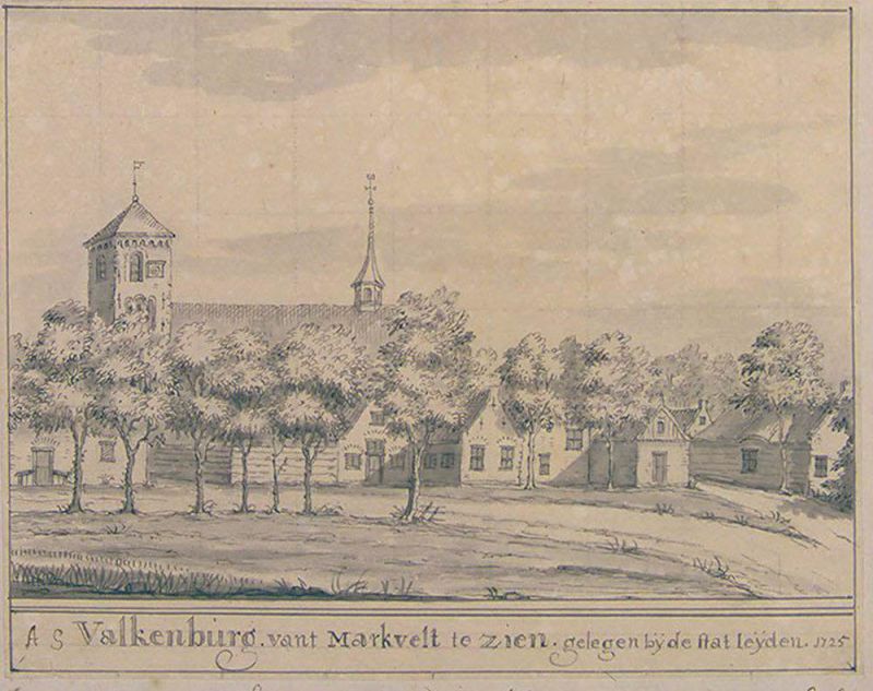 Valkenburg van t Marktveld te zien. Gelegen bij de stat Leijden. 1725