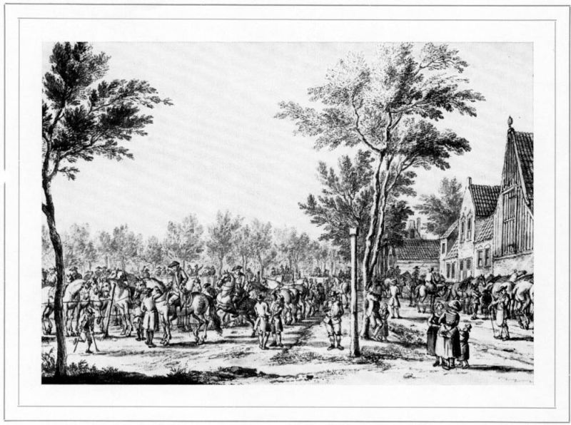 De paardenmarkt in 1770 van P.C. la Farque 